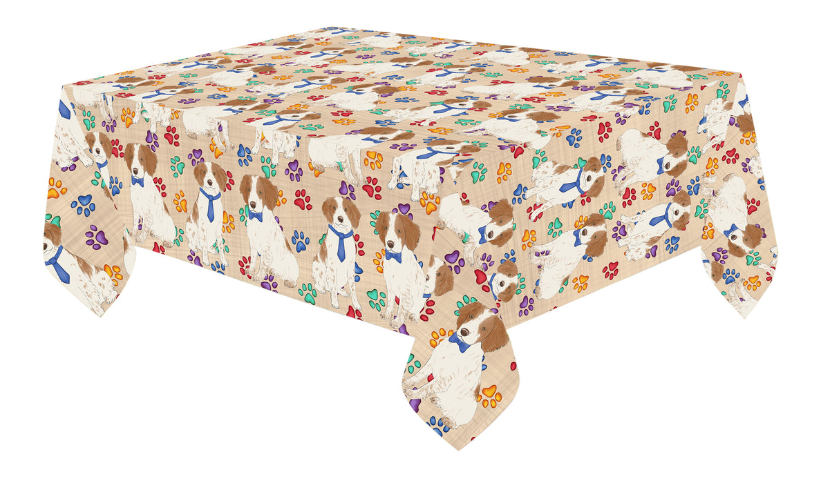 Rainbow Paw Print Brittany Spaniel Dogs Blue Cotton Linen Tablecloth