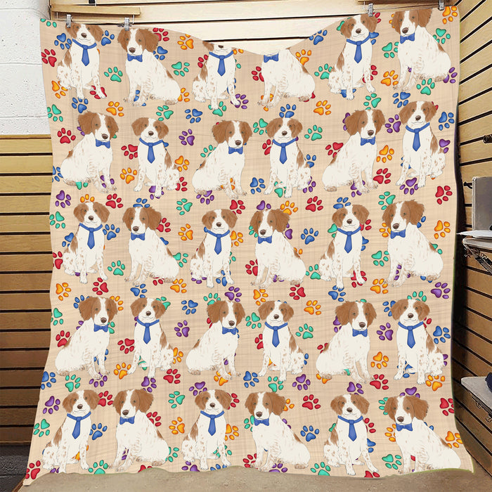 Rainbow Paw Print Brittany Spaniel Dogs Blue Quilt