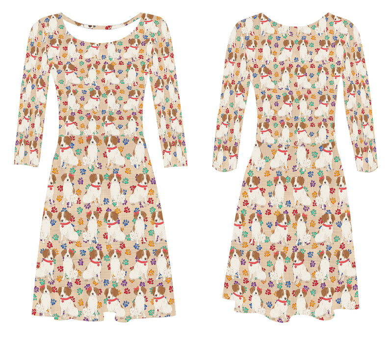 Rainbow Paw Print Brittany Spaniel Dogs Red 3/4 Sleeve Sundress