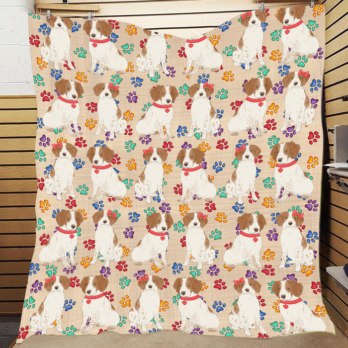 Rainbow Paw Print Brittany Spaniel Dogs Red Quilt