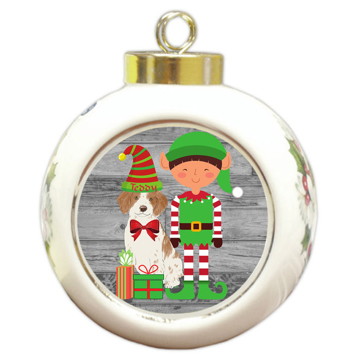 Custom Personalized Brittany Spanie Dog Elfie and Presents Christmas Round Ball Ornament