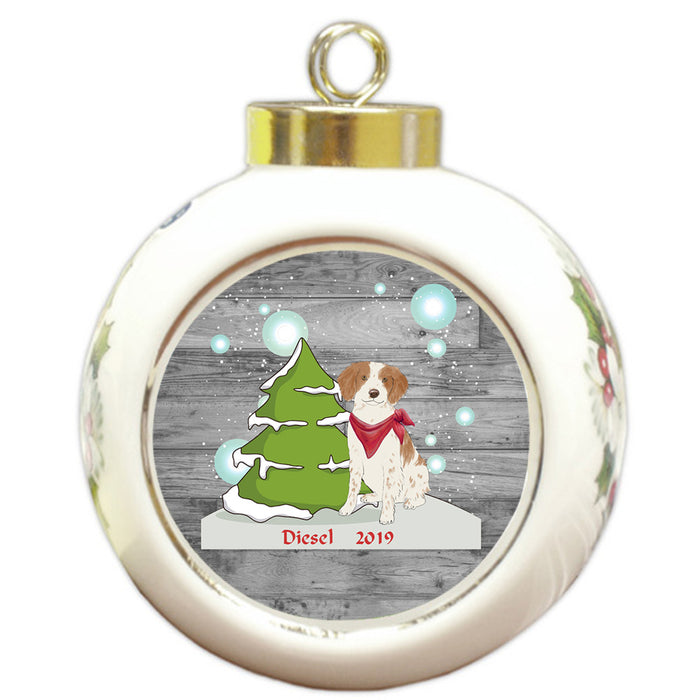 Custom Personalized Winter Scenic Tree and Presents Brittany Spanie Dog Christmas Round Ball Ornament