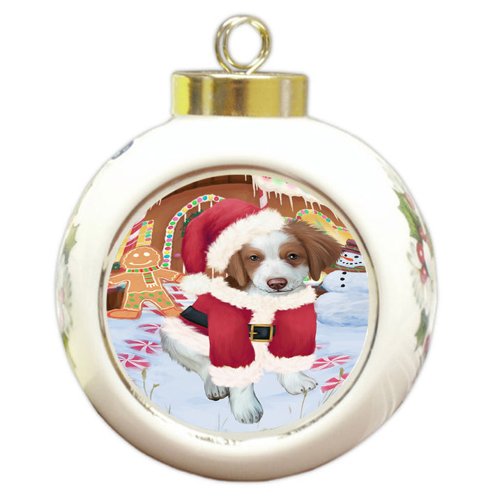 Christmas Gingerbread House Candyfest Brittany Spaniel Dog Round Ball Christmas Ornament RBPOR56644