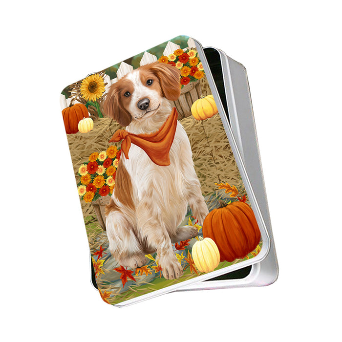 Fall Autumn Greeting Brittany Spaniel Dog with Pumpkins Photo Storage Tin PITN50702