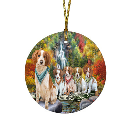 Scenic Waterfall Brittany Spaniels Dog Round Flat Christmas Ornament RFPOR49702