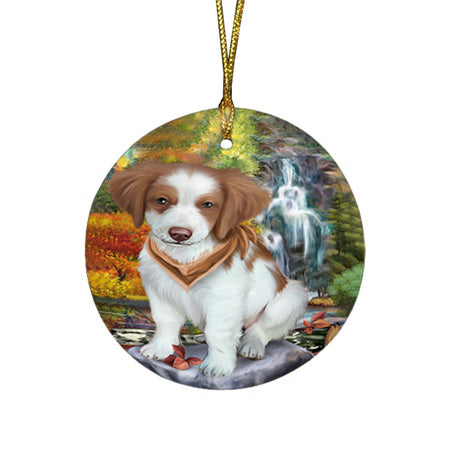 Scenic Waterfall Brittany Spaniel Dog Round Flat Christmas Ornament RFPOR49703