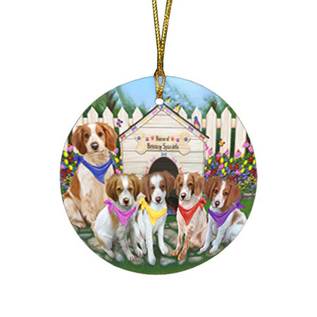 Spring Dog House Brittany Spaniels Dog Round Flat Christmas Ornament RFPOR49805