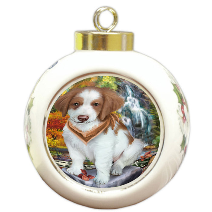 Scenic Waterfall Brittany Spaniel Dog Round Ball Christmas Ornament RBPOR49712