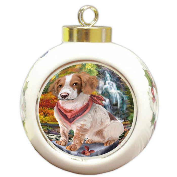 Scenic Waterfall Brittany Spaniel Dog Round Ball Christmas Ornament RBPOR49713