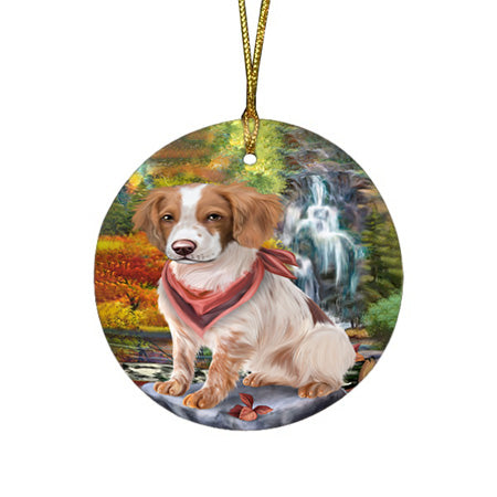 Scenic Waterfall Brittany Spaniel Dog Round Flat Christmas Ornament RFPOR49704