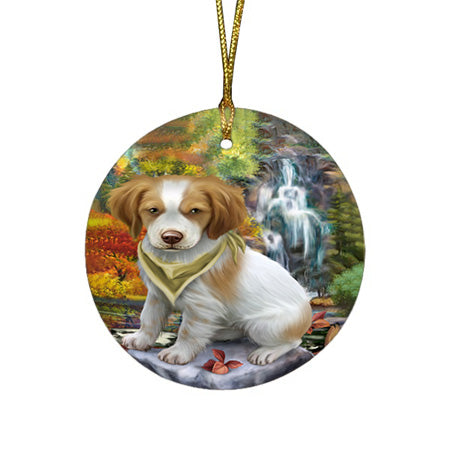 Scenic Waterfall Brittany Spaniel Dog Round Flat Christmas Ornament RFPOR49705