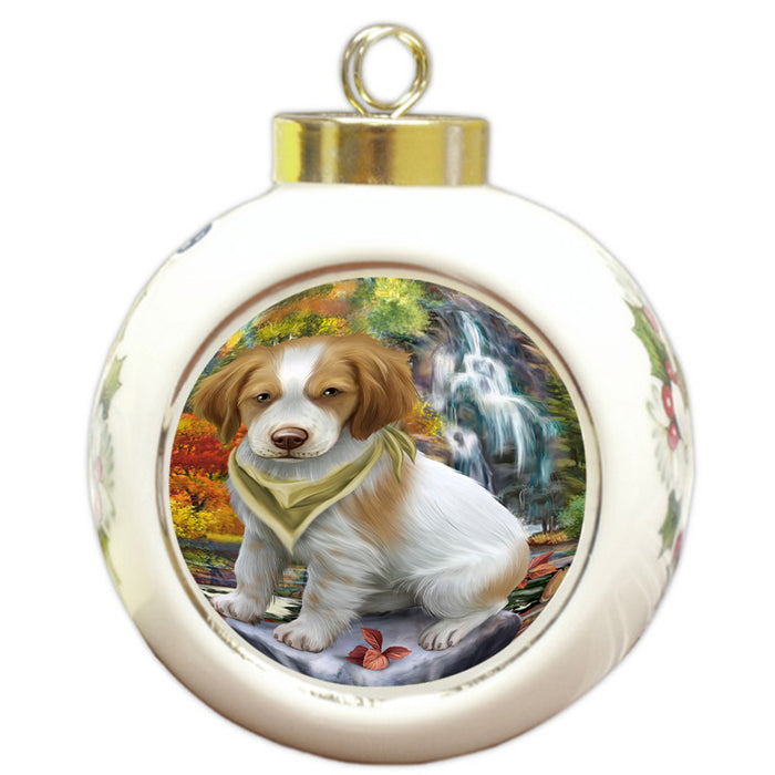 Scenic Waterfall Brittany Spaniel Dog Round Ball Christmas Ornament RBPOR49714