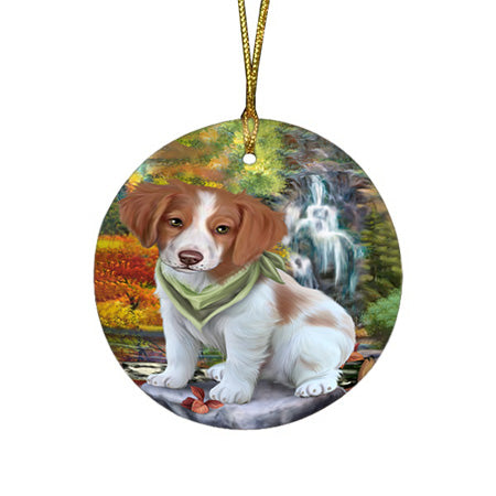 Scenic Waterfall Brittany Spaniel Dog Round Flat Christmas Ornament RFPOR49706