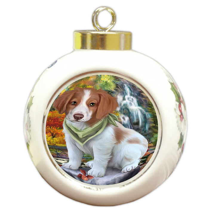 Scenic Waterfall Brittany Spaniel Dog Round Ball Christmas Ornament RBPOR49715