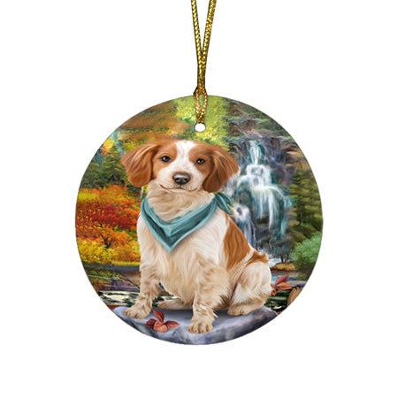 Scenic Waterfall Brittany Spaniel Dog Round Flat Christmas Ornament RFPOR49707