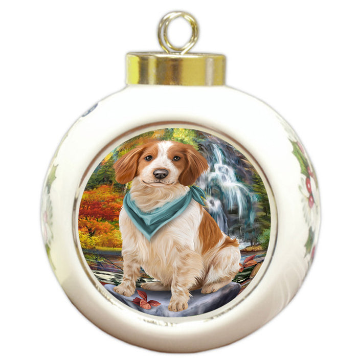 Scenic Waterfall Brittany Spaniel Dog Round Ball Christmas Ornament RBPOR49716