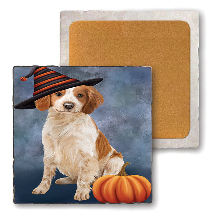 Happy Halloween Brittany Spaniel Dog Wearing Witch Hat with Pumpkin Set of 4 Natural Stone Marble Tile Coasters MCST49921