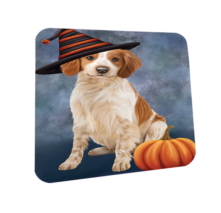 Happy Halloween Brittany Spaniel Dog Wearing Witch Hat with Pumpkin Coasters Set of 4 CST54879