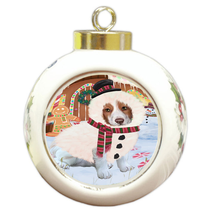 Christmas Gingerbread House Candyfest Brittany Spaniel Dog Round Ball Christmas Ornament RBPOR56570