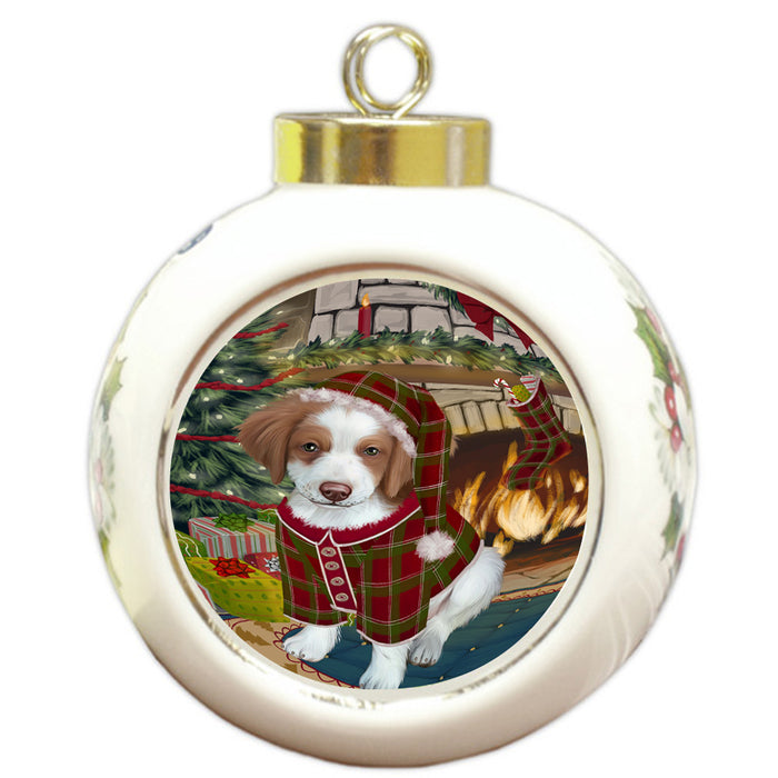 The Stocking was Hung Brittany Spaniel Dog Round Ball Christmas Ornament RBPOR55600