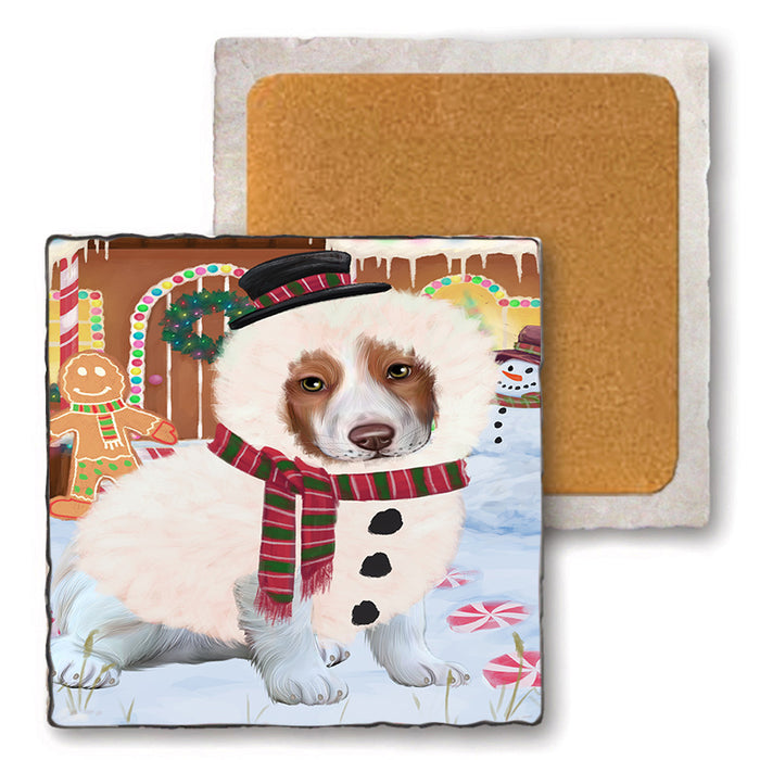 Christmas Gingerbread House Candyfest Brittany Spaniel Dog Set of 4 Natural Stone Marble Tile Coasters MCST51214