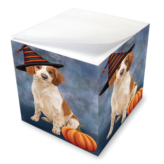 Happy Halloween Brittany Spaniel Dog Wearing Witch Hat with Pumpkin Note Cube NOC56567