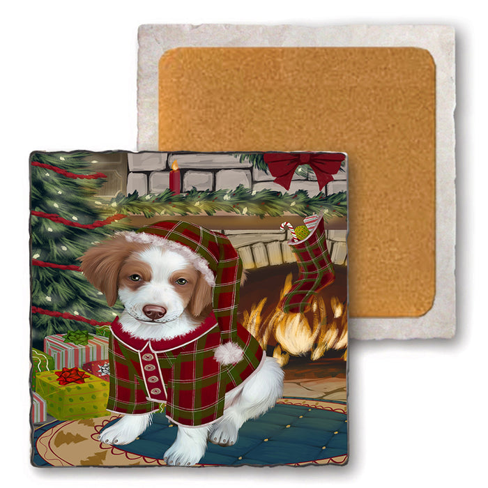 The Stocking was Hung Brittany Spaniel Dog Set of 4 Natural Stone Marble Tile Coasters MCST50244