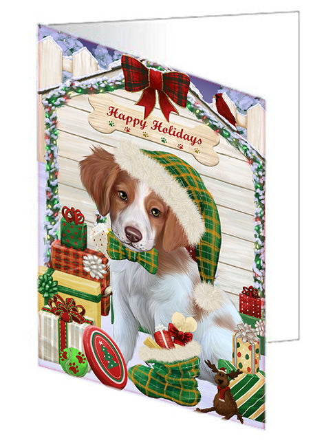 Happy Holidays Christmas Brittany Spaniel Dog House with Presents Handmade Artwork Assorted Pets Greeting Cards and Note Cards with Envelopes for All Occasions and Holiday Seasons GCD58109