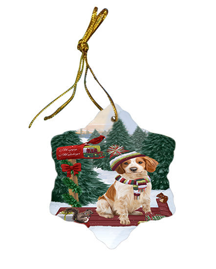 Merry Christmas Woodland Sled Brittany Spaniel Dog Star Porcelain Ornament SPOR55226