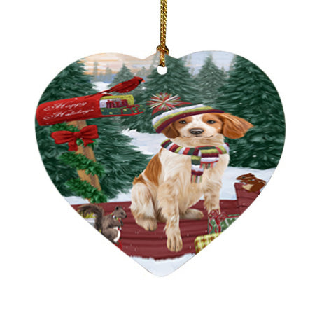 Merry Christmas Woodland Sled Brittany Spaniel Dog Heart Christmas Ornament HPOR55226