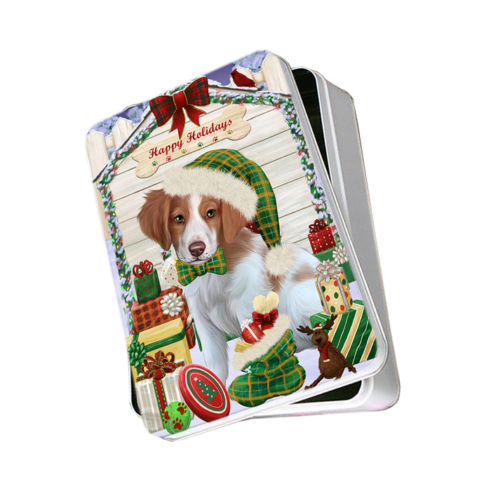 Happy Holidays Christmas Brittany Spaniel Dog House with Presents Photo Storage Tin PITN51360