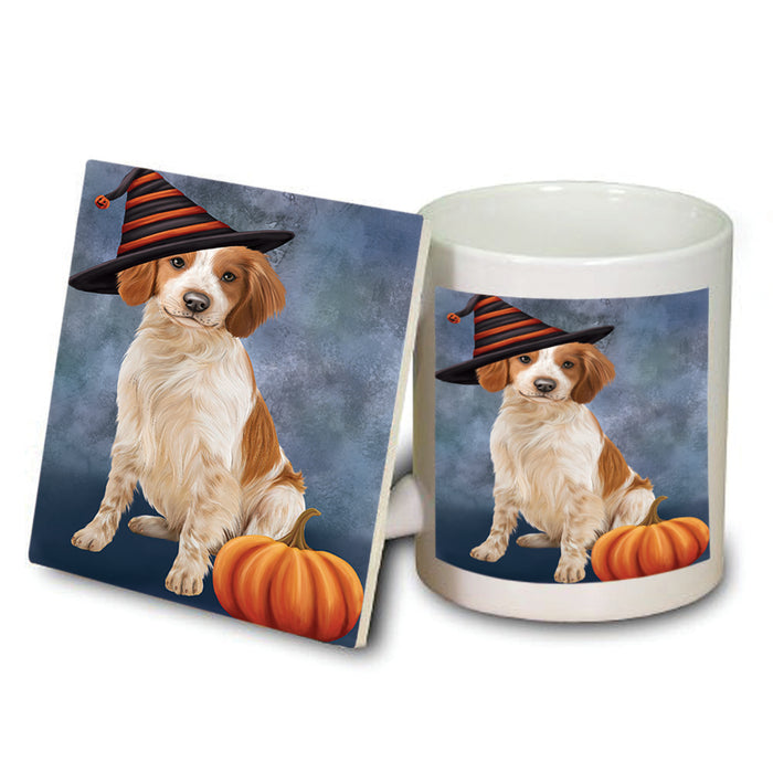 Happy Halloween Brittany Spaniel Dog Wearing Witch Hat with Pumpkin Mug and Coaster Set MUC54913