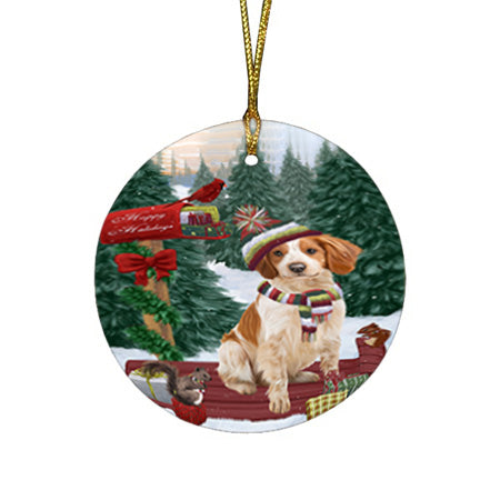 Merry Christmas Woodland Sled Brittany Spaniel Dog Round Flat Christmas Ornament RFPOR55226