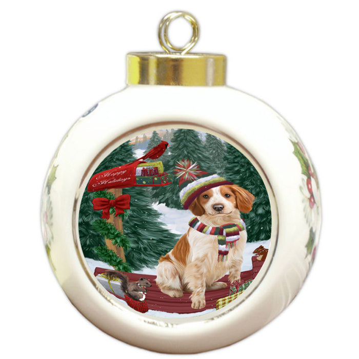 Merry Christmas Woodland Sled Brittany Spaniel Dog Round Ball Christmas Ornament RBPOR55226