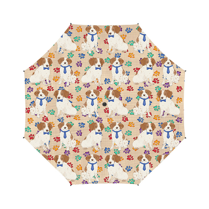 Rainbow Paw Print Brittany Spaniel Dogs Blue Semi-Automatic Foldable Umbrella