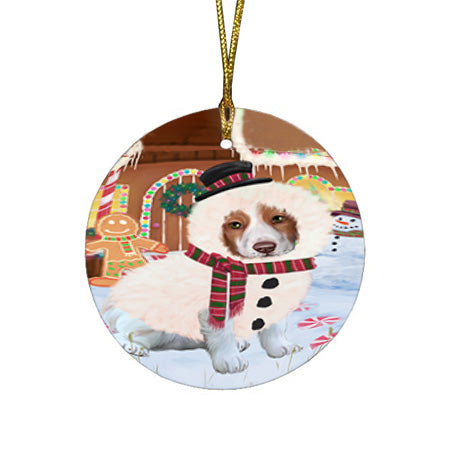 Christmas Gingerbread House Candyfest Brittany Spaniel Dog Round Flat Christmas Ornament RFPOR56570