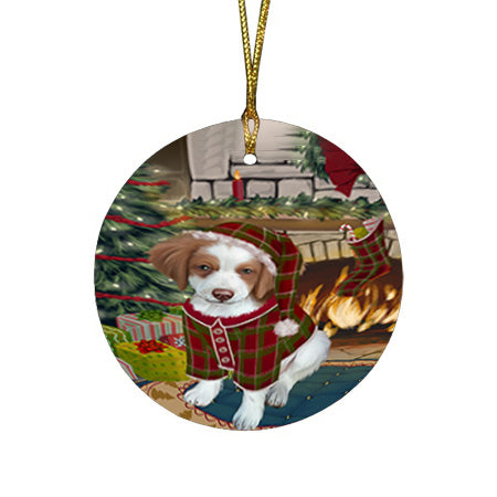 The Stocking was Hung Brittany Spaniel Dog Round Flat Christmas Ornament RFPOR55600