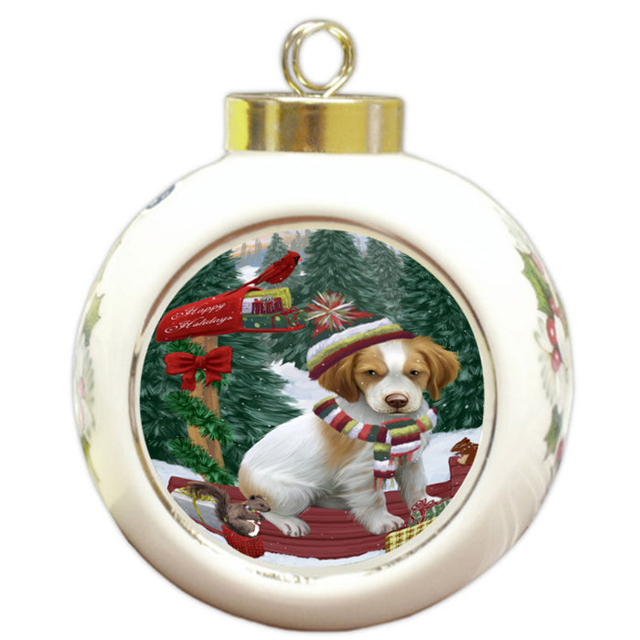 Merry Christmas Woodland Sled Brittany Spaniel Dog Round Ball Christmas Ornament RBPOR55227