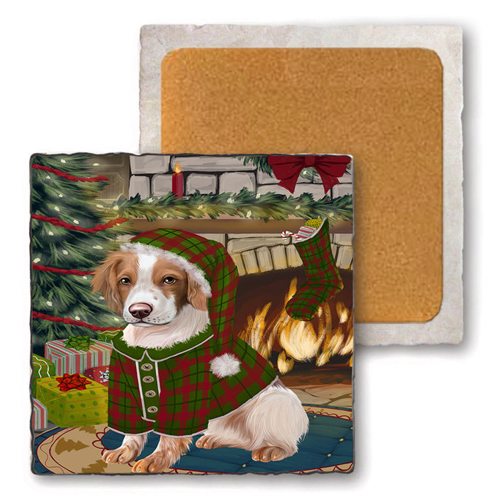 The Stocking was Hung Brittany Spaniel Dog Set of 4 Natural Stone Marble Tile Coasters MCST50245
