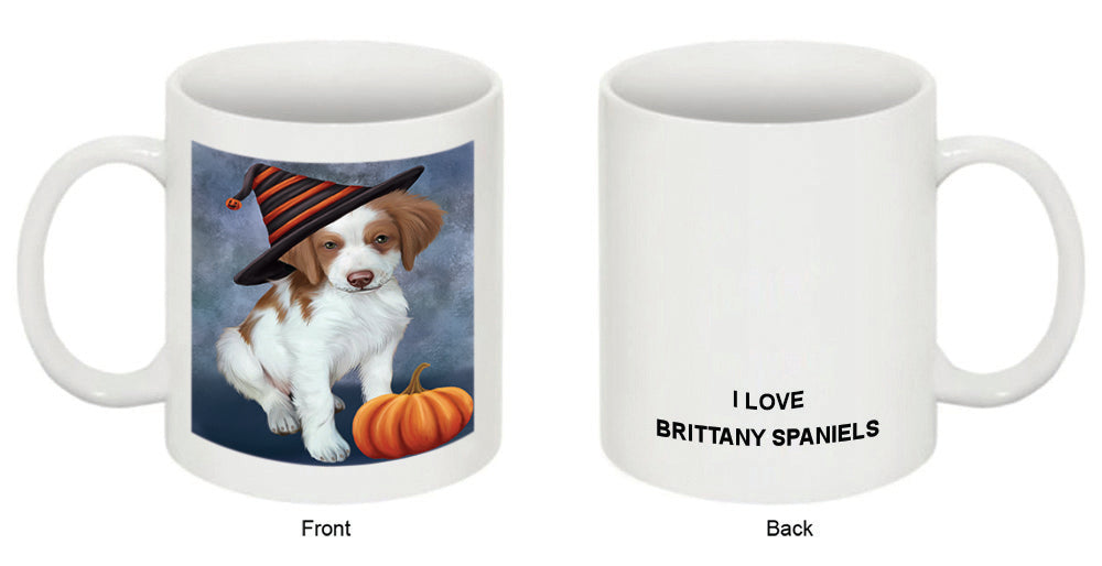 Happy Halloween Brittany Spaniel Dog Wearing Witch Hat with Pumpkin Coffee Mug MUG50320