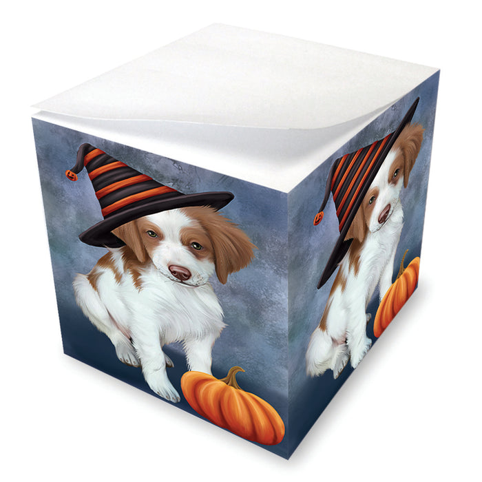Happy Halloween Brittany Spaniel Dog Wearing Witch Hat with Pumpkin Note Cube NOC56568