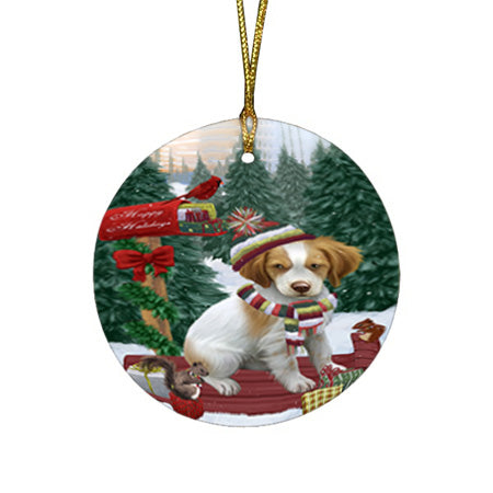 Merry Christmas Woodland Sled Brittany Spaniel Dog Round Flat Christmas Ornament RFPOR55227