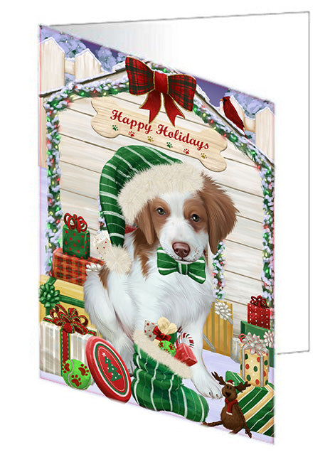 Happy Holidays Christmas Brittany Spaniel Dog House with Presents Handmade Artwork Assorted Pets Greeting Cards and Note Cards with Envelopes for All Occasions and Holiday Seasons GCD58112