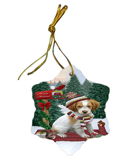 Merry Christmas Woodland Sled Brittany Spaniel Dog Star Porcelain Ornament SPOR55227