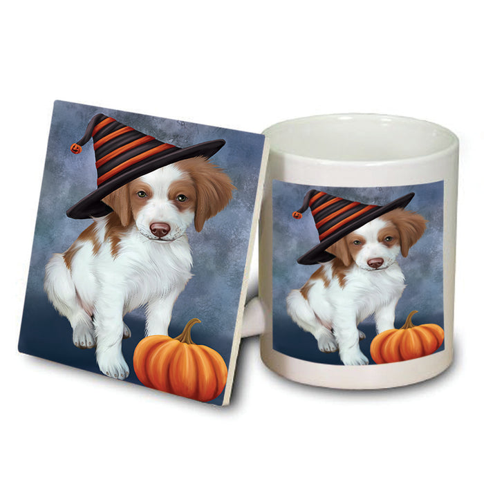 Happy Halloween Brittany Spaniel Dog Wearing Witch Hat with Pumpkin Mug and Coaster Set MUC54914