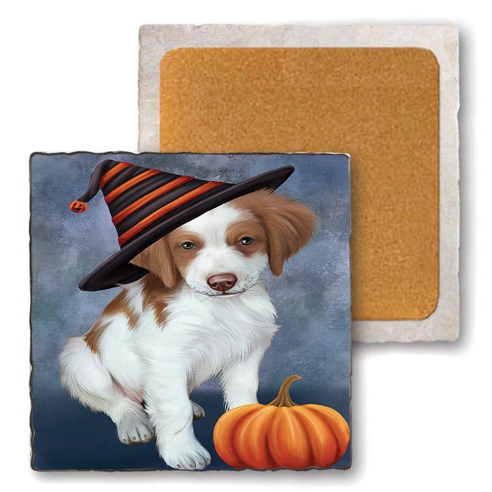 Happy Halloween Brittany Spaniel Dog Wearing Witch Hat with Pumpkin Set of 4 Natural Stone Marble Tile Coasters MCST49922