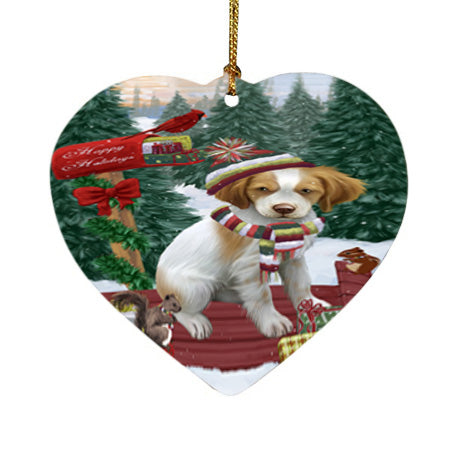 Merry Christmas Woodland Sled Brittany Spaniel Dog Heart Christmas Ornament HPOR55227