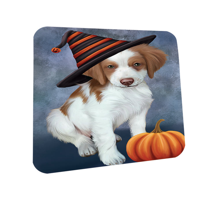 Happy Halloween Brittany Spaniel Dog Wearing Witch Hat with Pumpkin Coasters Set of 4 CST54880