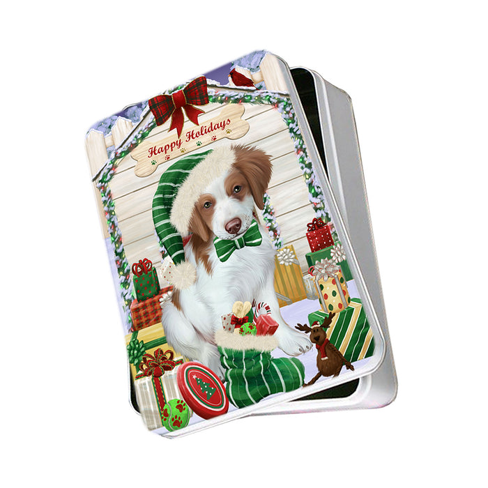 Happy Holidays Christmas Brittany Spaniel Dog House with Presents Photo Storage Tin PITN51361