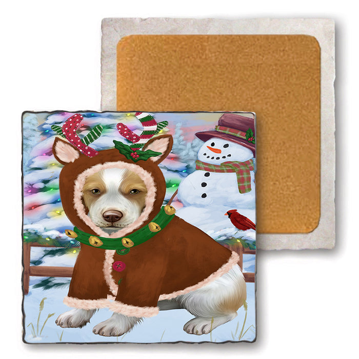 Christmas Gingerbread House Candyfest Brittany Spaniel Dog Set of 4 Natural Stone Marble Tile Coasters MCST51215